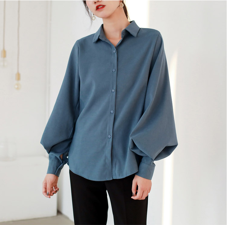 Women's Stand Collar Shirt with Lantern Sleeves