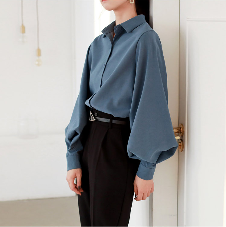 Women's Stand Collar Shirt with Lantern Sleeves