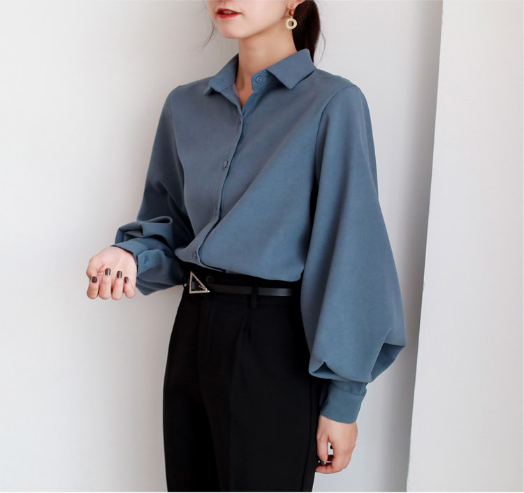 Women's Stand Collar Shirt with Lantern Sleeves