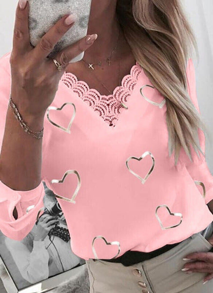 V-neck Lace Long Sleeve Bottoming T-shirt with Printed Design