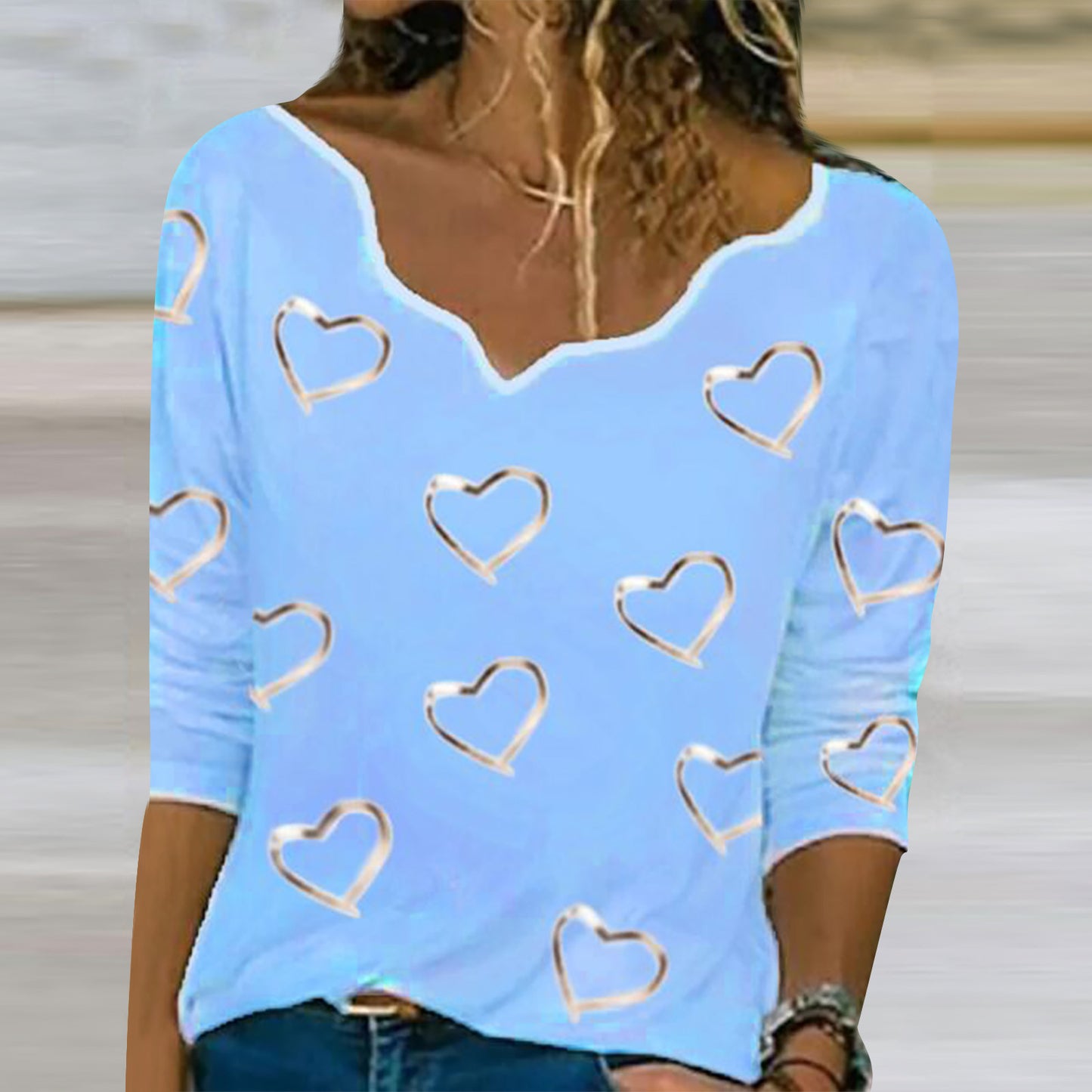 V-neck Lace Long Sleeve Bottoming T-shirt with Printed Design