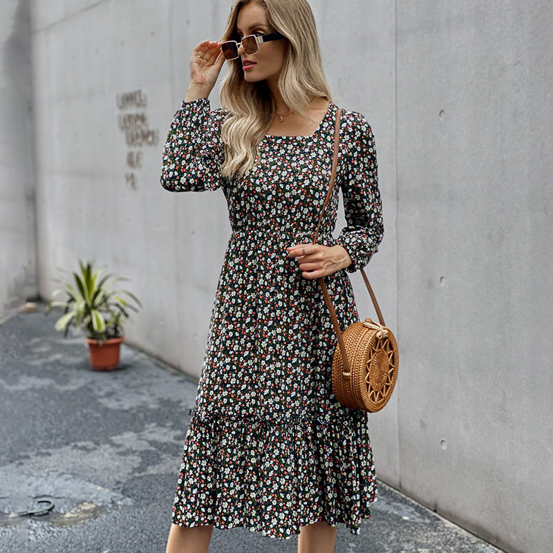 Temperament Waist Dress with Fashionable Print and Ribbing