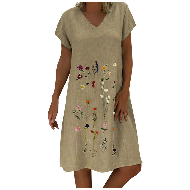 V-neck Short Sleeve Dress made from Breathable and Sweat-Absorbent Cotton for Comfort.