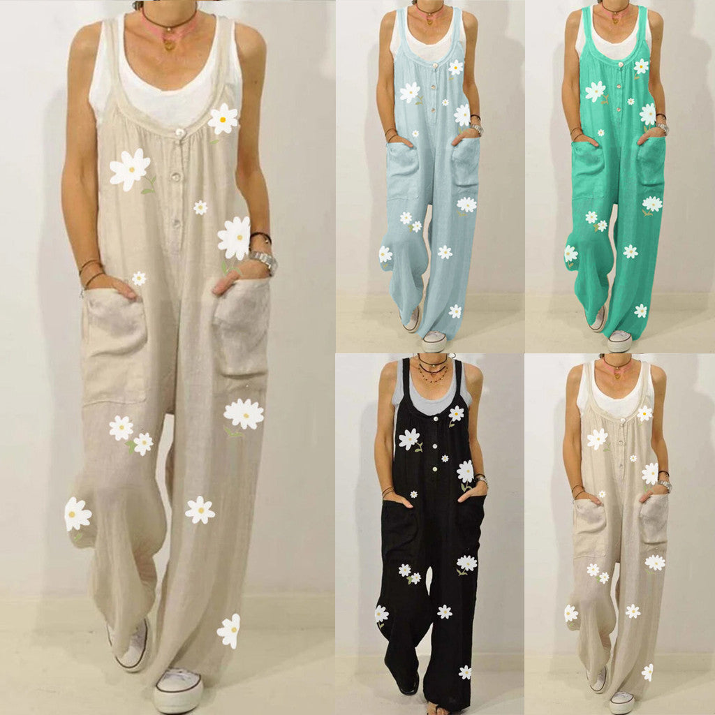 New European and American Style Cotton and Linen Printed Jumpsuit
