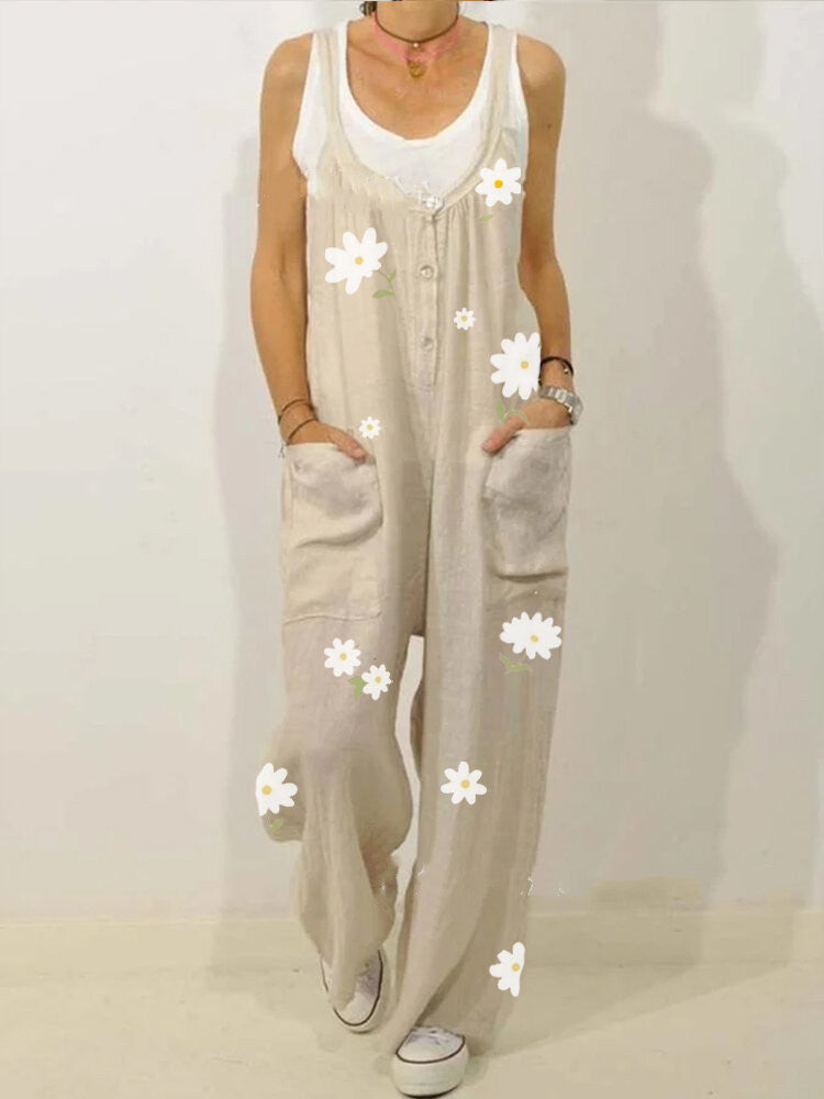 New European and American Style Cotton and Linen Printed Jumpsuit