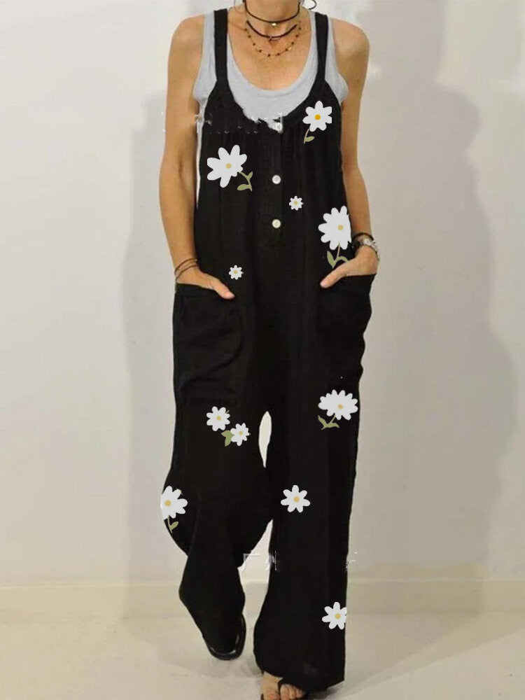 New European and American Style Cotton and Linen Printed Jumpsuit