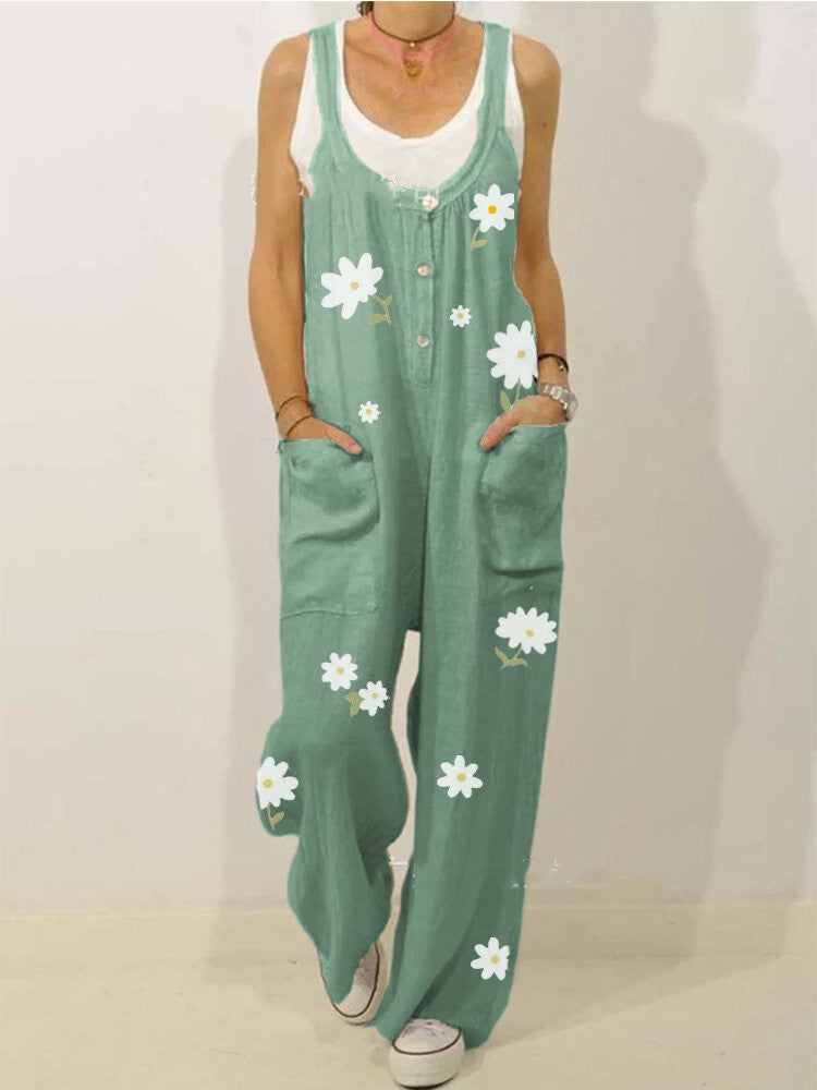 New European and American Style Cotton and Linen Printed Jumpsuit