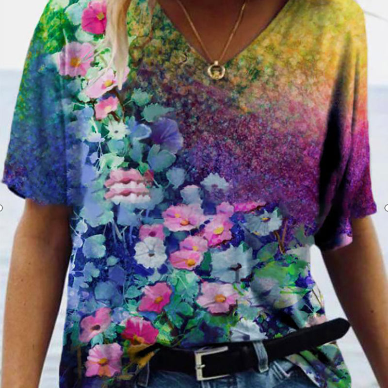 Digital Abstract Printing V-Neck Short-Sleeved T-Shirt, the Fashionable All-Match Trend