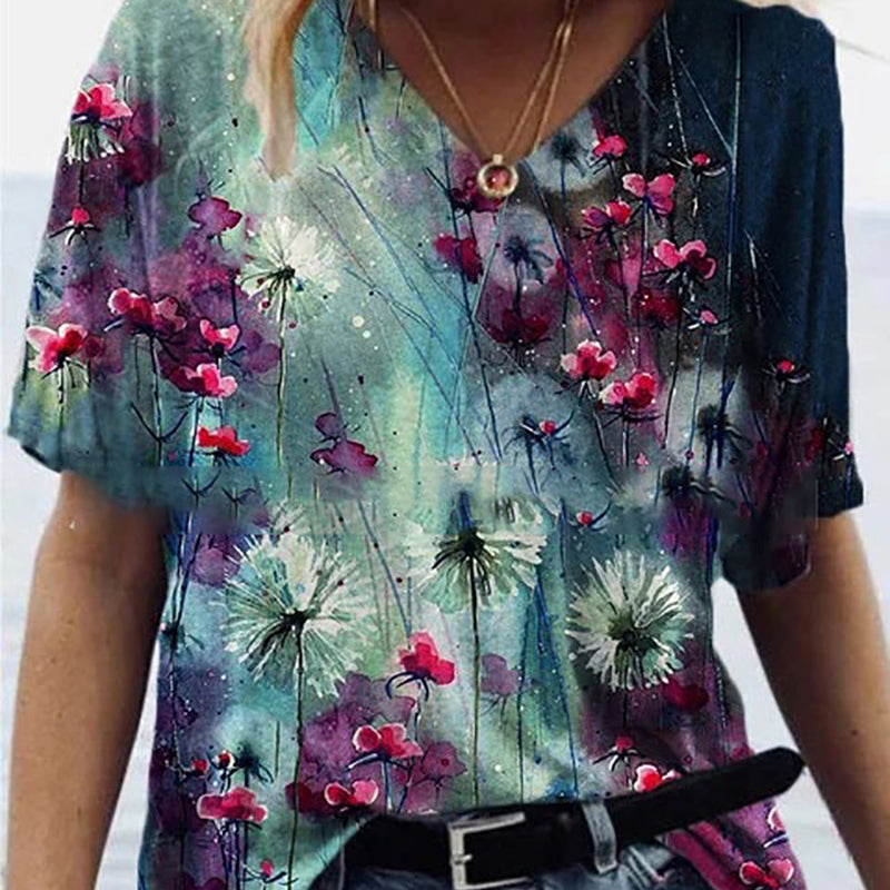 Digital Abstract Printing V-Neck Short-Sleeved T-Shirt, the Fashionable All-Match Trend