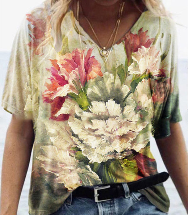 Digital Abstract Printing V-Neck Short-Sleeved T-Shirt, the Fashionable All-Match Trend