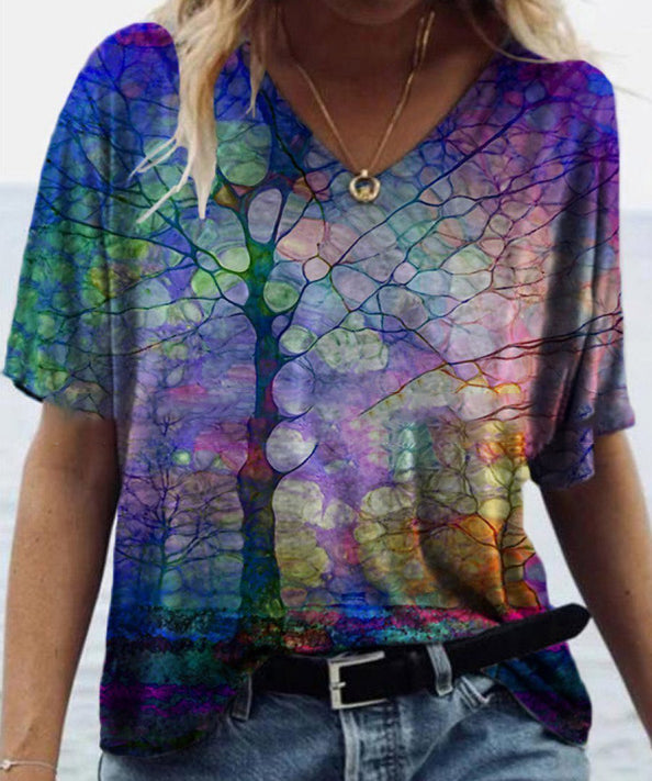 Digital Abstract Printing V-Neck Short-Sleeved T-Shirt, the Fashionable All-Match Trend