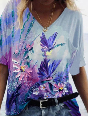 Digital Abstract Printing V-Neck Short-Sleeved T-Shirt, the Fashionable All-Match Trend