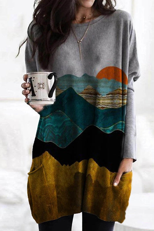 Loose Casual T-Shirt with Landscape Sunrise Print