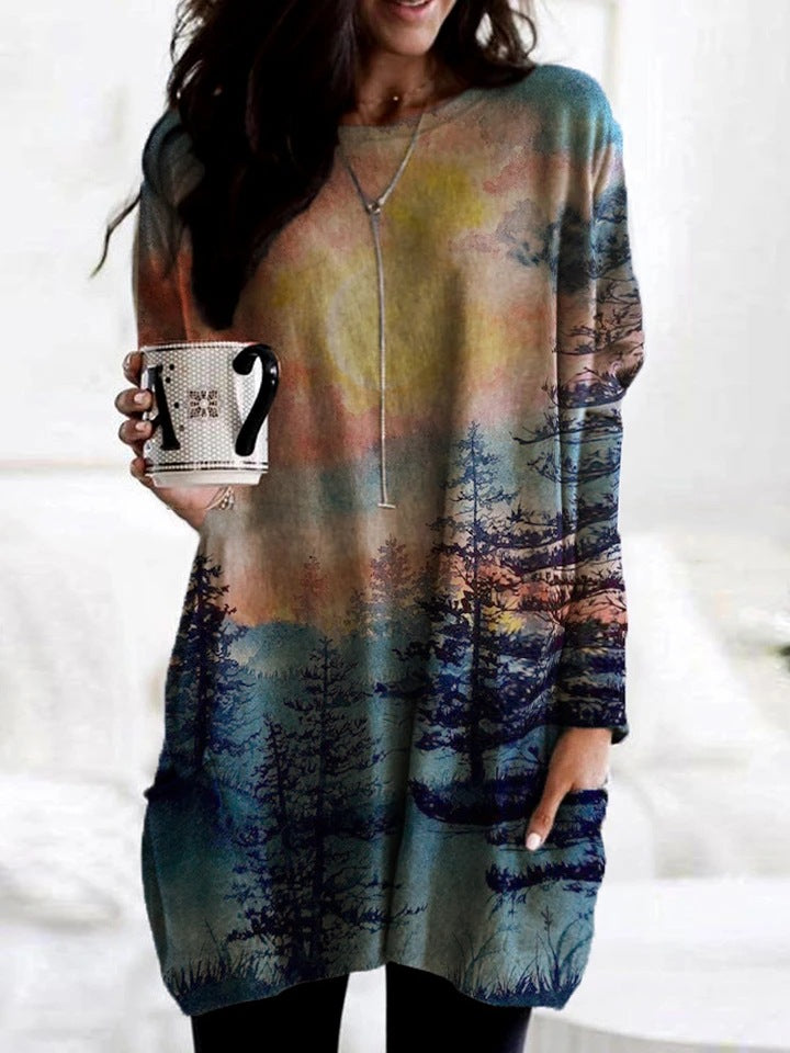 Loose Casual T-Shirt with Landscape Sunrise Print