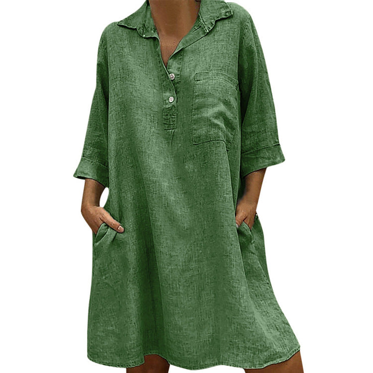 Women Oversized Shirt Collar Dress With Three-quarter Sleeves