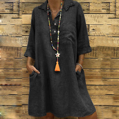 Women Oversized Shirt Collar Dress With Three-quarter Sleeves