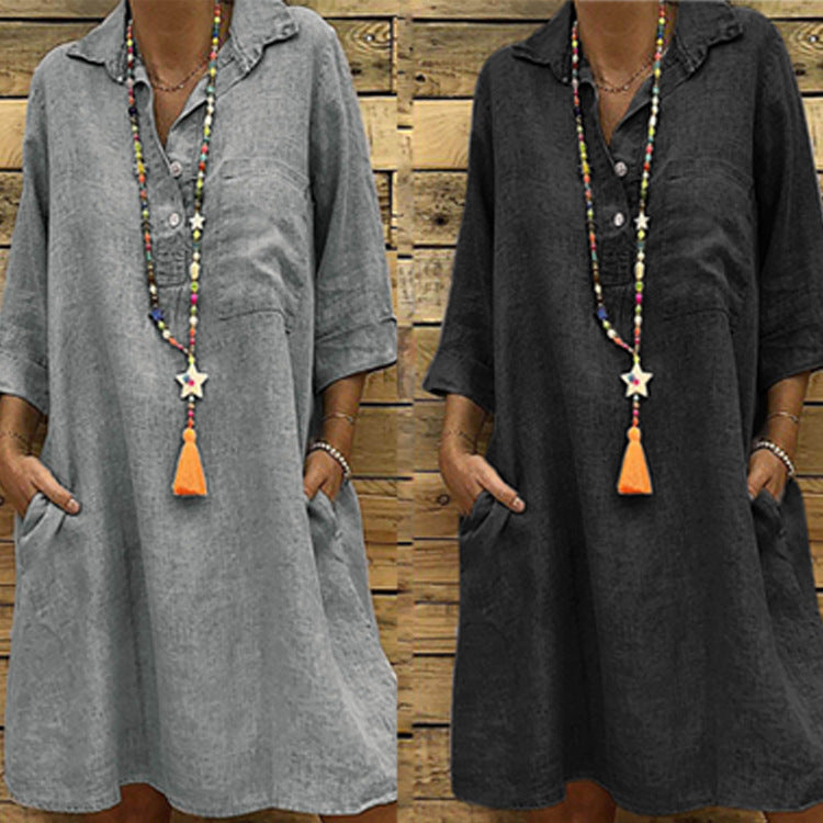 Women Oversized Shirt Collar Dress With Three-quarter Sleeves