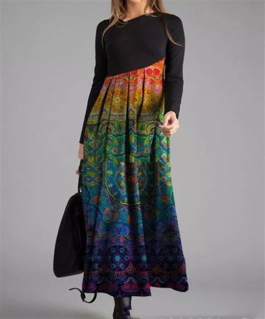 Women's Printed Long-Sleeved Slim Long Dress with a Touch of Temperament