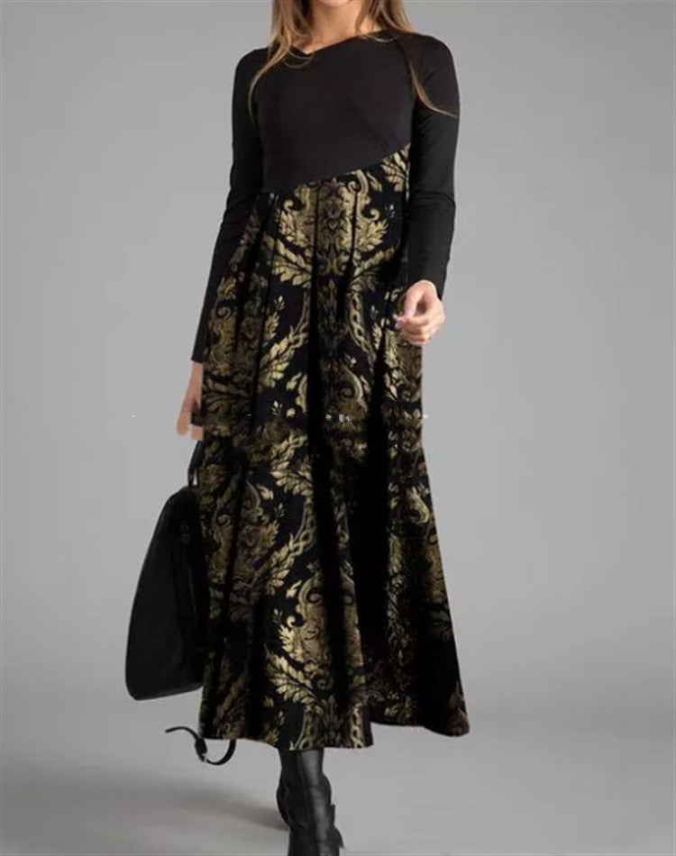 Women's Printed Long-Sleeved Slim Long Dress with a Touch of Temperament