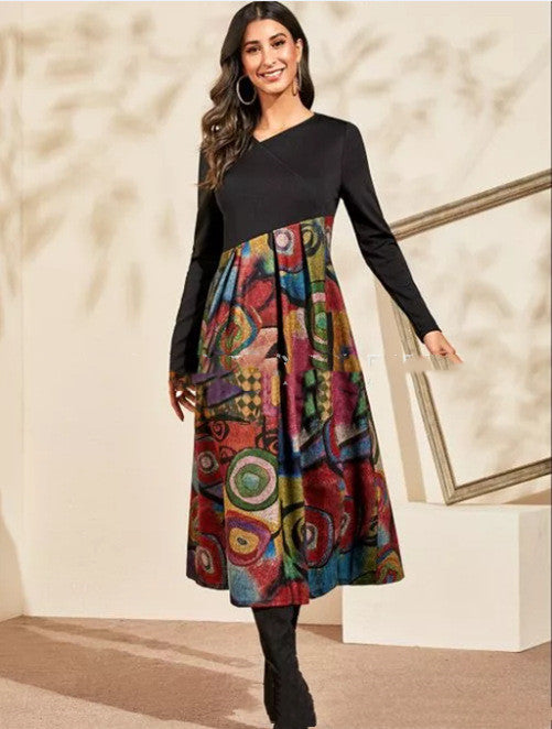 Women's Printed Long-Sleeved Slim Long Dress with a Touch of Temperament