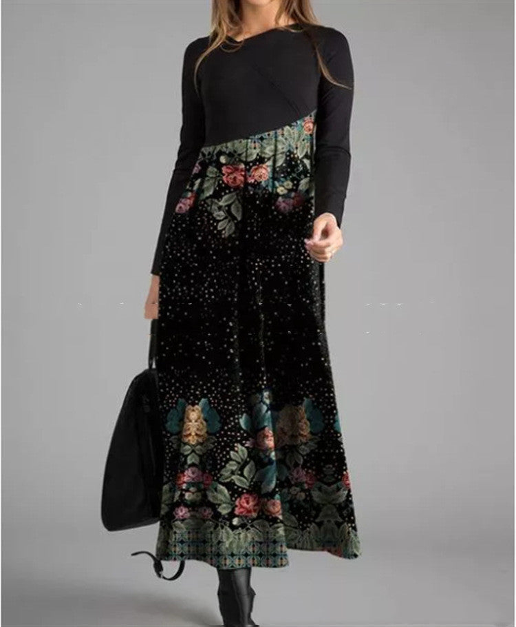 Women's Printed Long-Sleeved Slim Long Dress with a Touch of Temperament