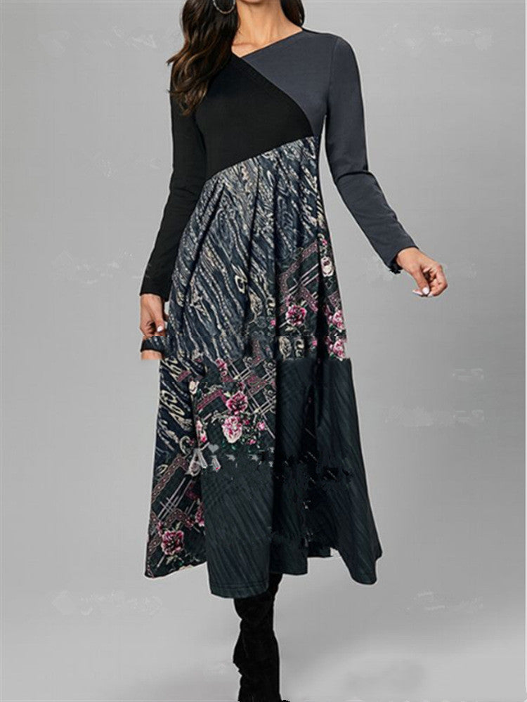 Women's Printed Long-Sleeved Slim Long Dress with a Touch of Temperament