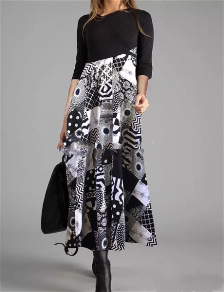 Women's Printed Long-Sleeved Slim Long Dress with a Touch of Temperament