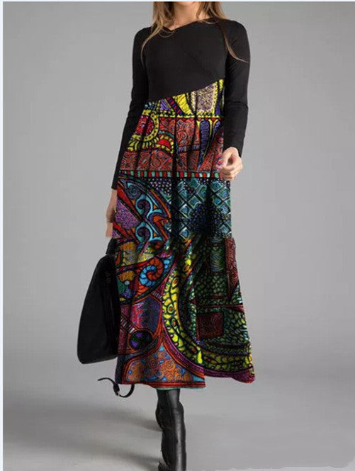 Women's Printed Long-Sleeved Slim Long Dress with a Touch of Temperament