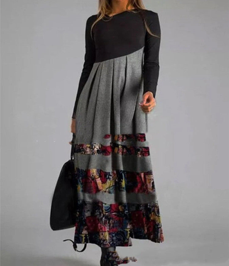 Women's Printed Long-Sleeved Slim Long Dress with a Touch of Temperament