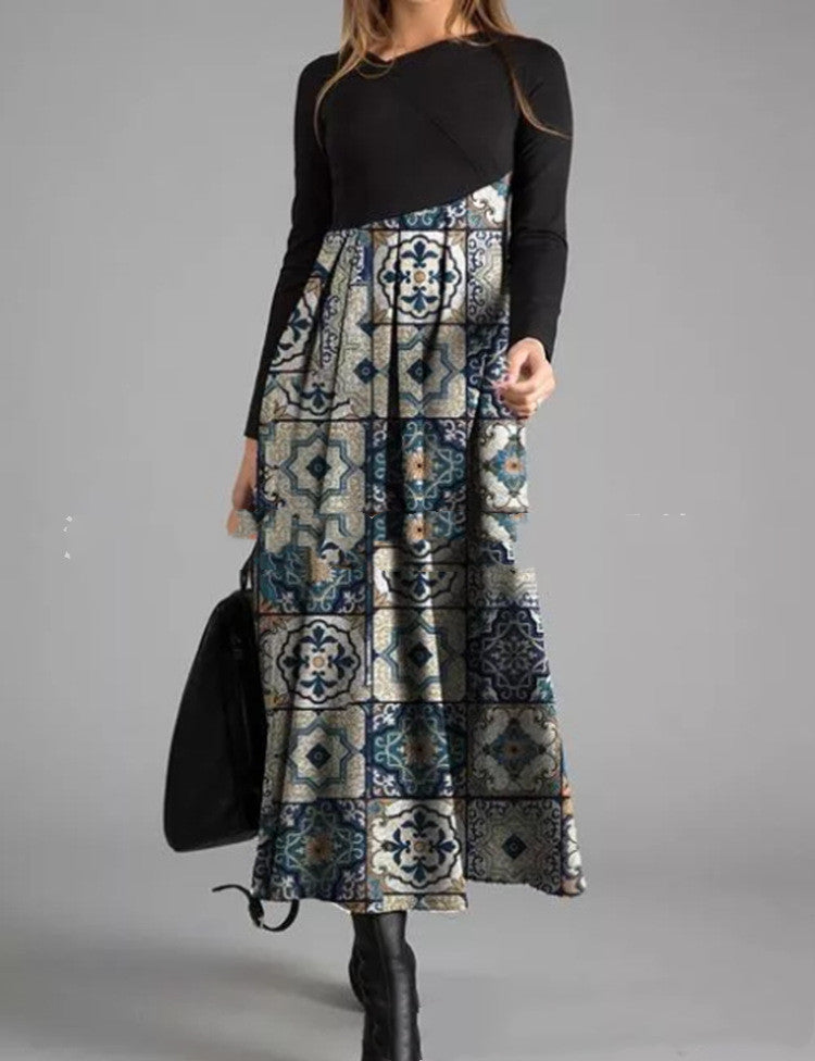 Women's Printed Long-Sleeved Slim Long Dress with a Touch of Temperament