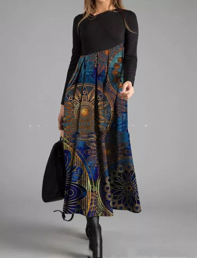 Women's Printed Long-Sleeved Slim Long Dress with a Touch of Temperament