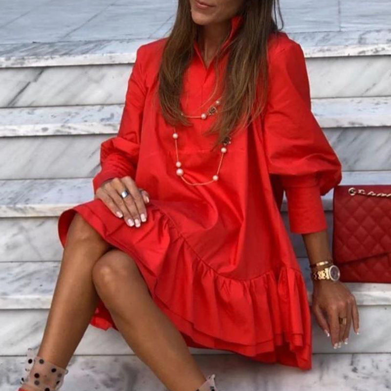 Women's Solid Color Long Sleeved Mini Back Ruffle Dress