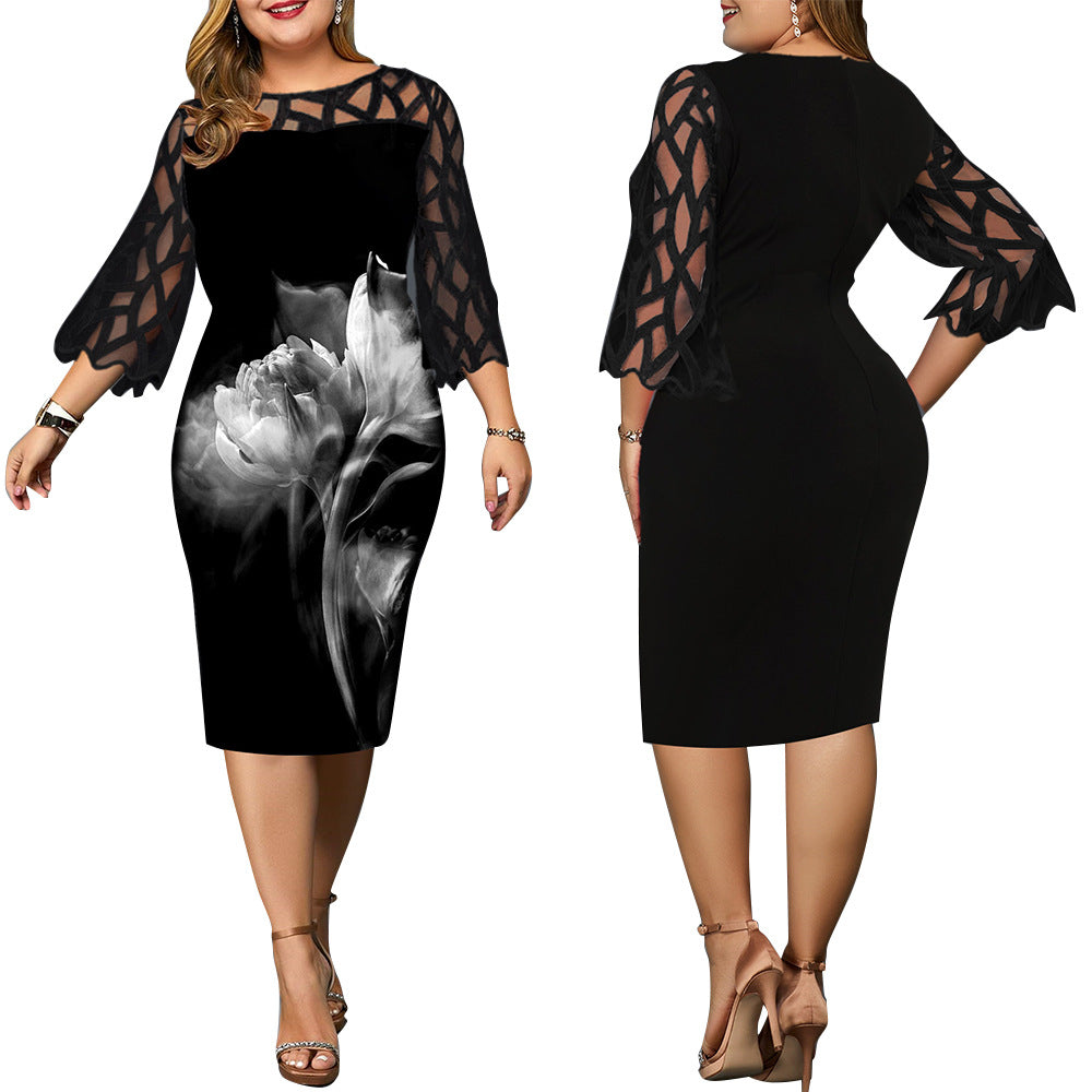 Plus Size Women's Three-Quarter Sleeve Dress with Explosive Digital Printing and Lace Stitching