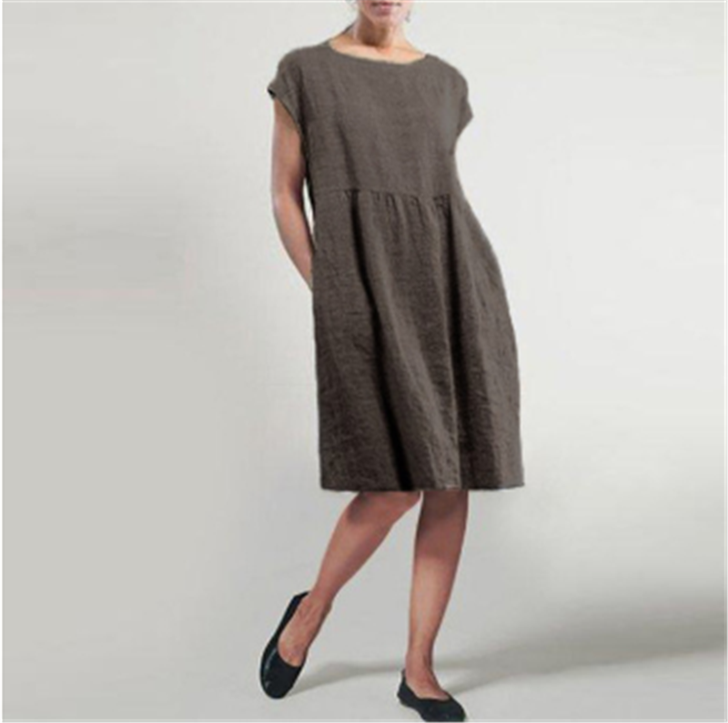 Cotton and Linen Waist Pleated Round Neck Midi Dress