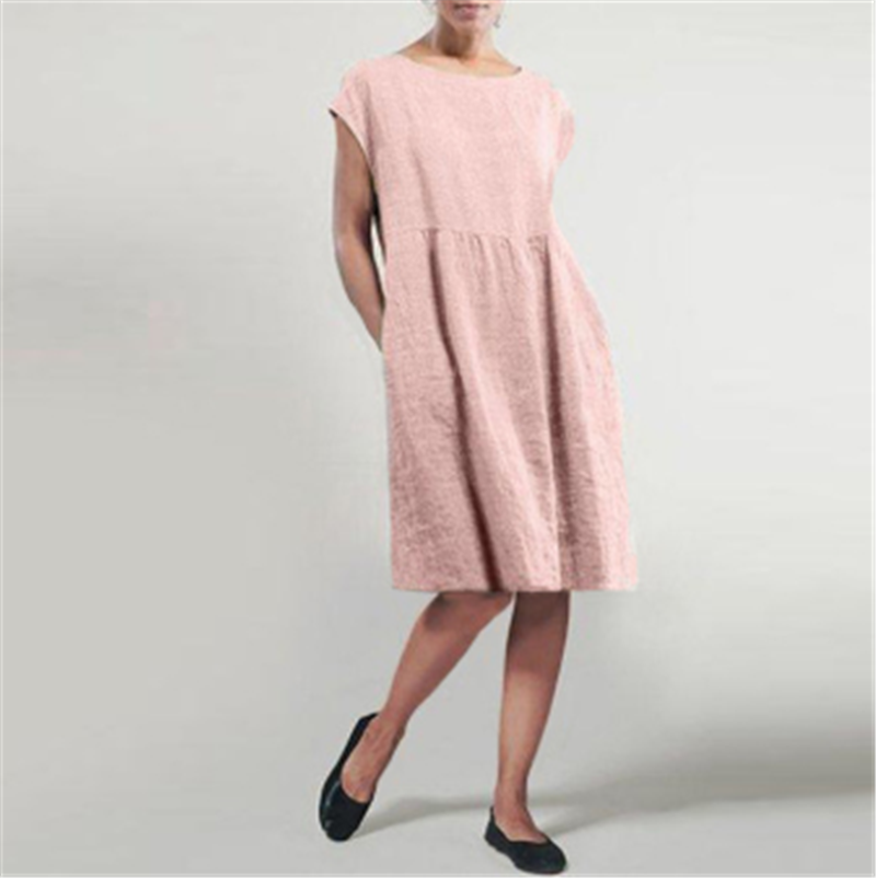 Cotton and Linen Waist Pleated Round Neck Midi Dress