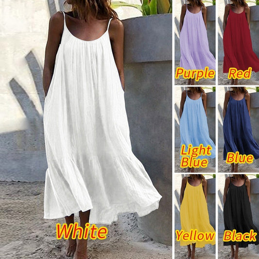 Ruffled Solid Color Long Dress Sleeveless Loose Thin Shoulder Straps