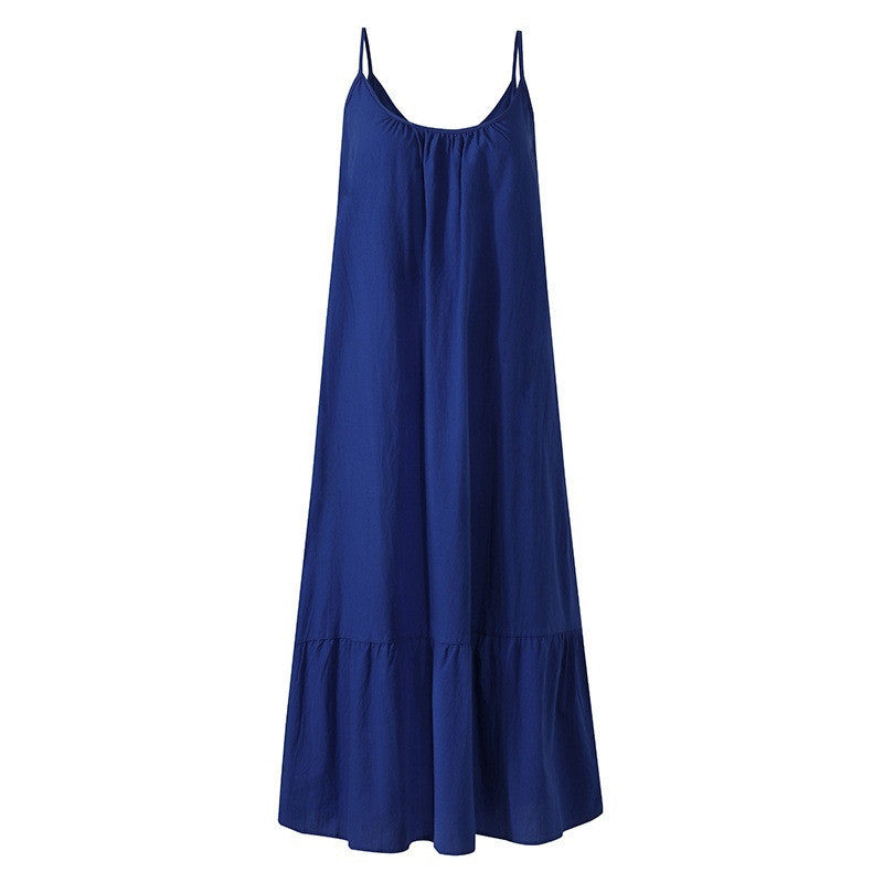 Ruffled Solid Color Long Dress Sleeveless Loose Thin Shoulder Straps