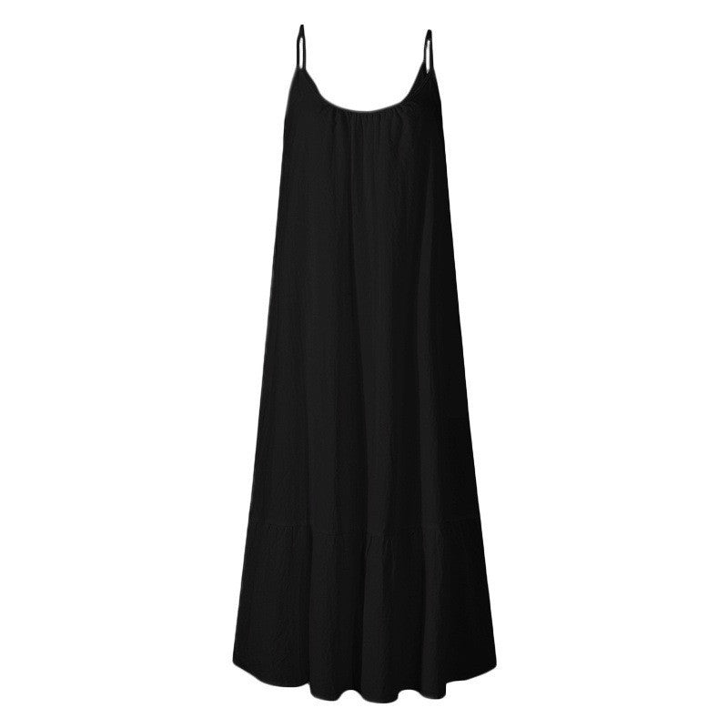 Ruffled Solid Color Long Dress Sleeveless Loose Thin Shoulder Straps