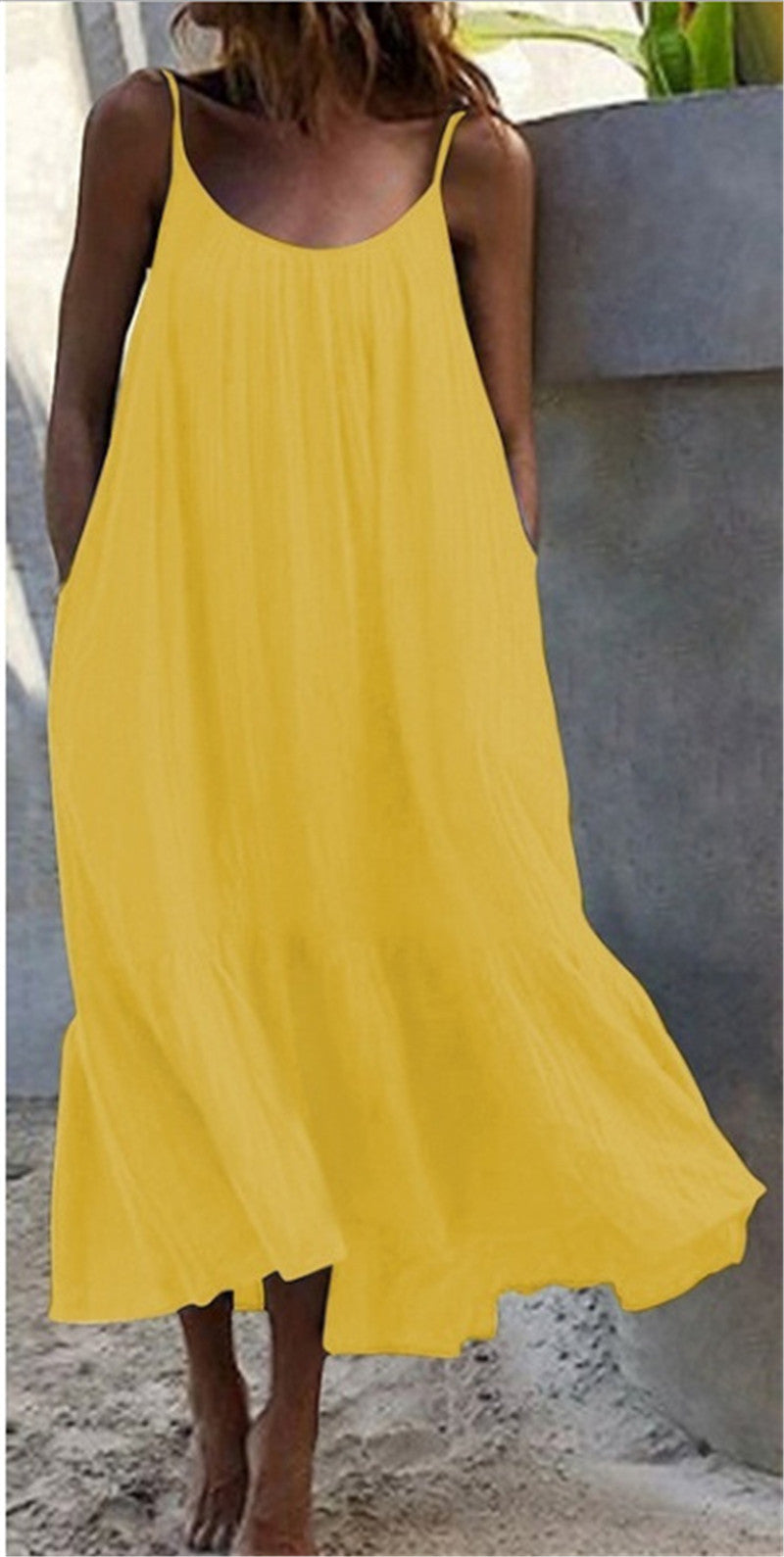 Ruffled Solid Color Long Dress Sleeveless Loose Thin Shoulder Straps