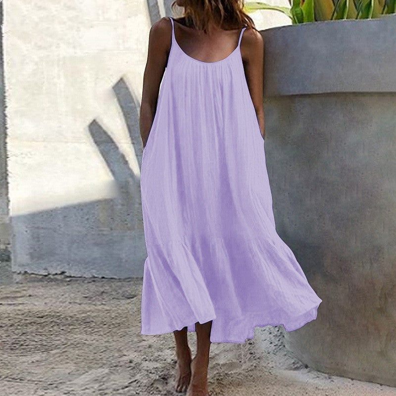 Ruffled Solid Color Long Dress Sleeveless Loose Thin Shoulder Straps