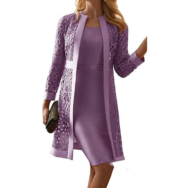 Two-Piece Dress Set with Solid Color Lace Cardigan