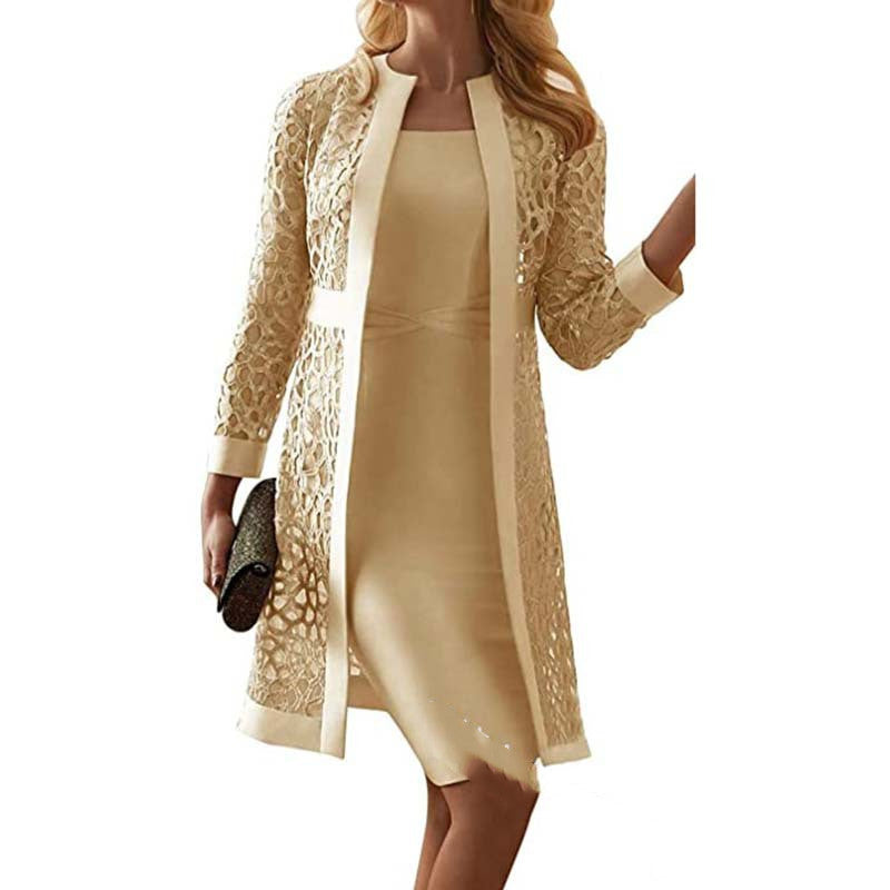 Two-Piece Dress Set with Solid Color Lace Cardigan