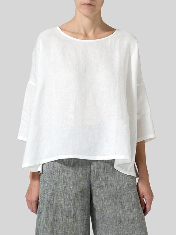 New Loose Pullover Shirt made from Cotton and Linen in a Solid Color Design.