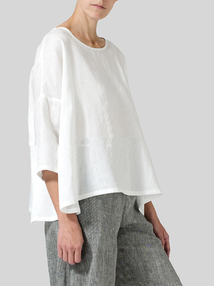 New Loose Pullover Shirt made from Cotton and Linen in a Solid Color Design.