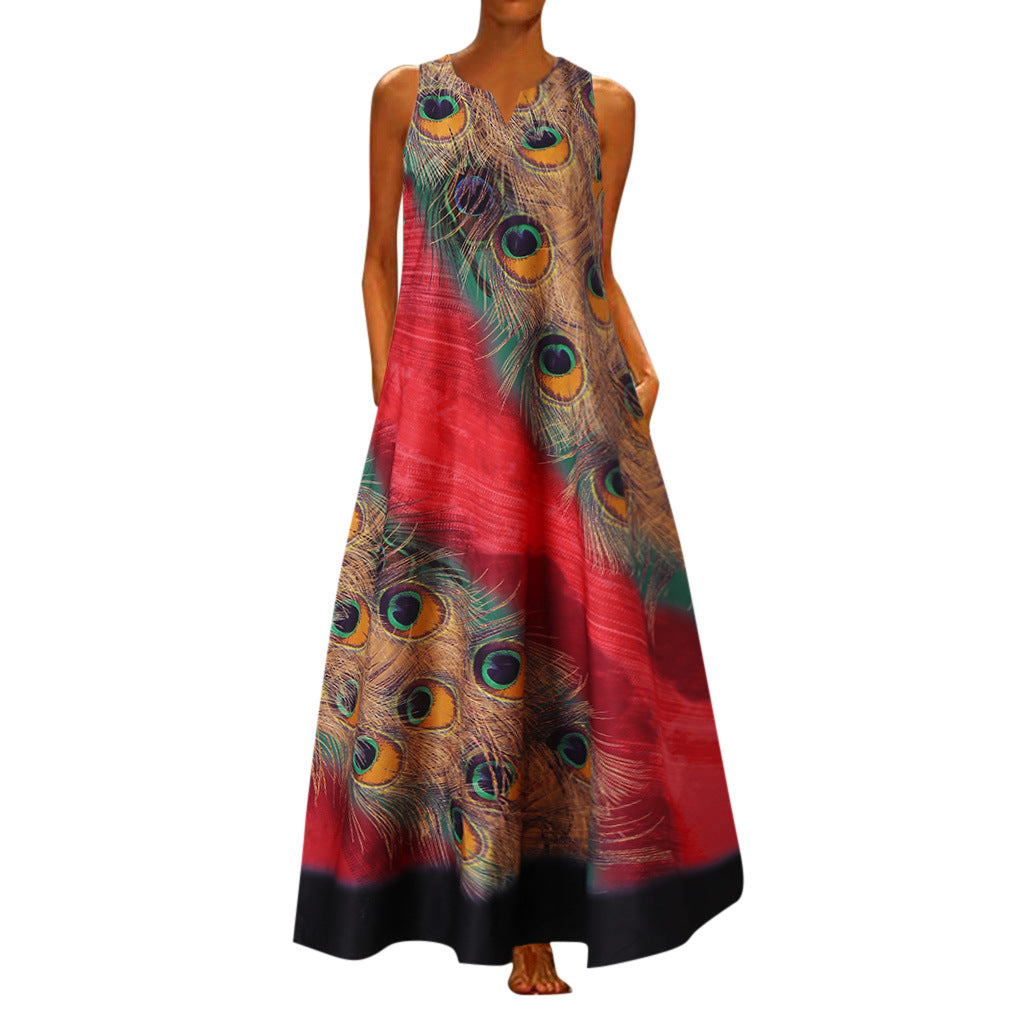 Women's Sleeveless Long Skirt Dress with Fashionable Feather Print