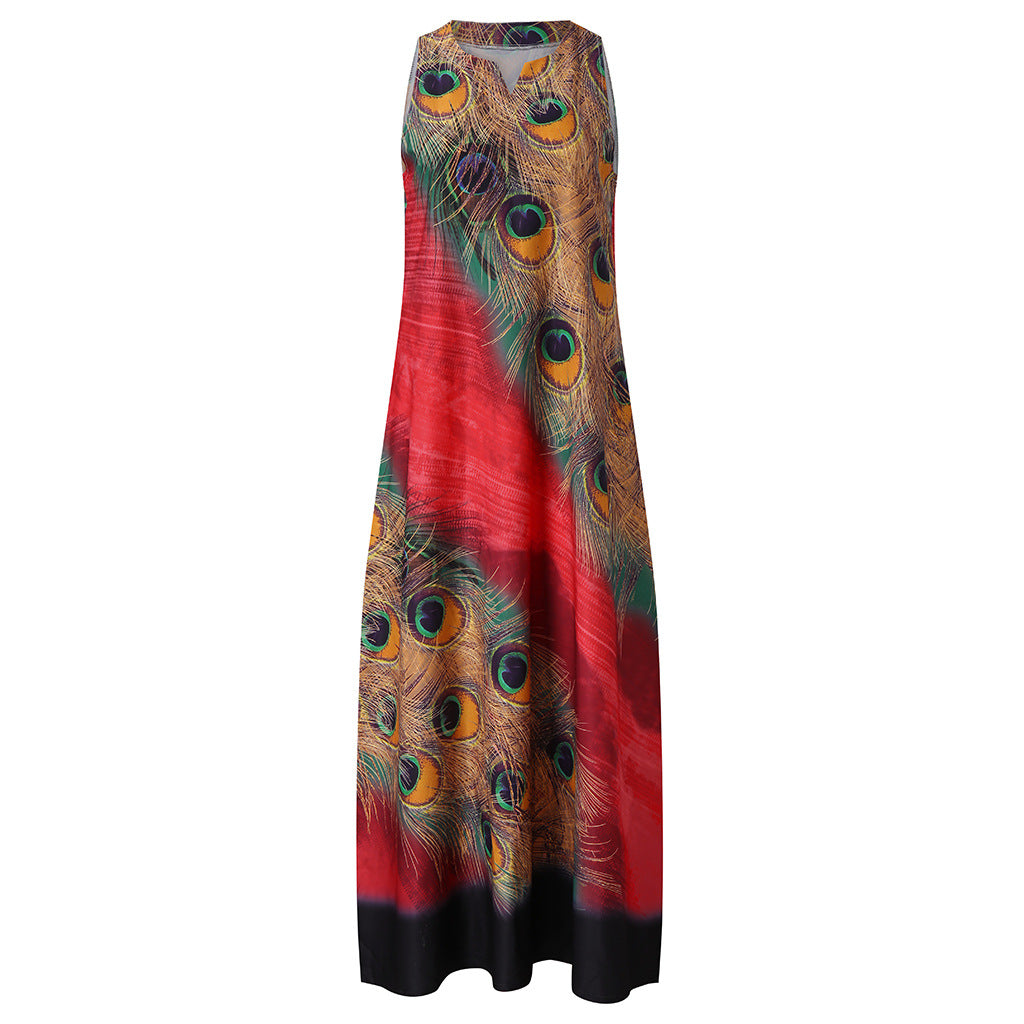 Women's Sleeveless Long Skirt Dress with Fashionable Feather Print