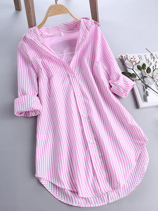 Women's Striped Long Sleeve Bottom Collar Loose Shirt