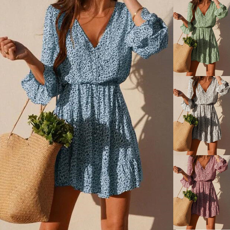 Elegant Flared Sleeve V-Neck Printed Dress with Button Details for Women