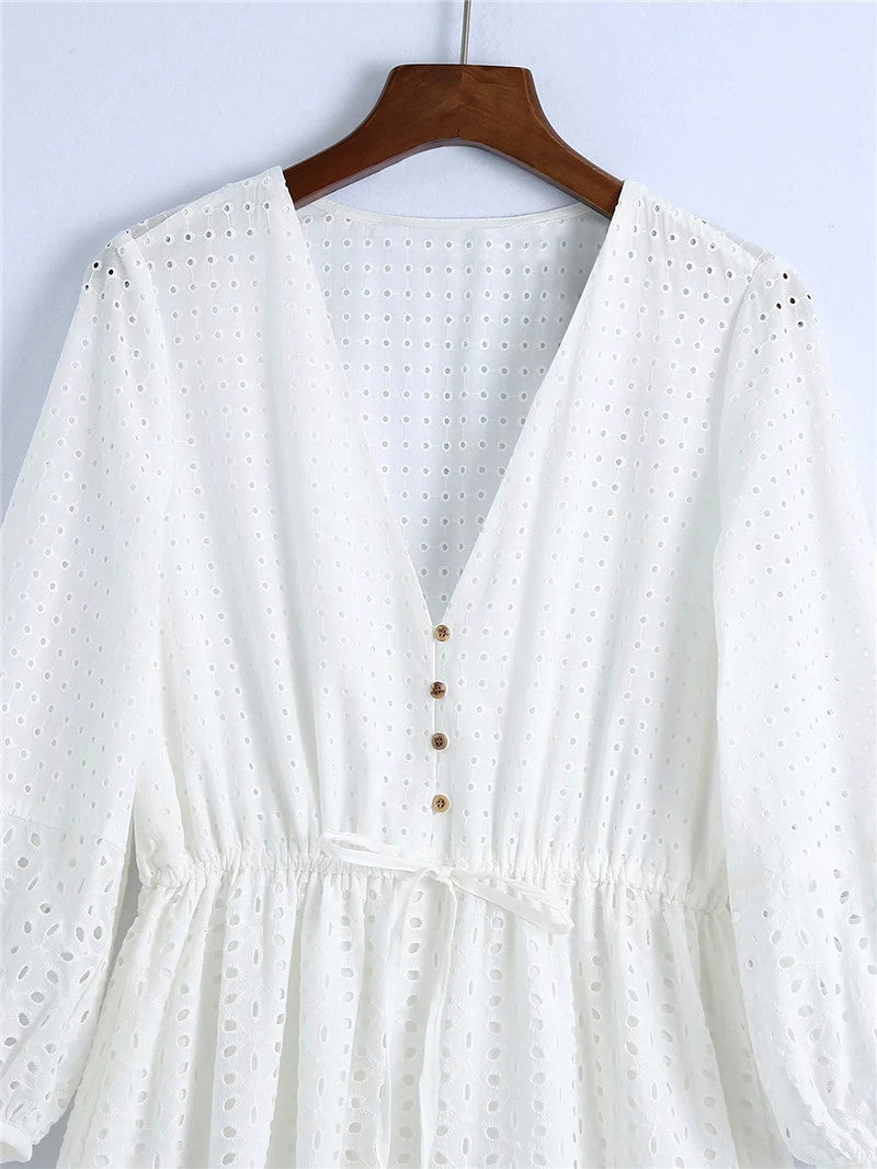 Elegant V-Neck Dress with Embroidered Waist for Women's Temperament