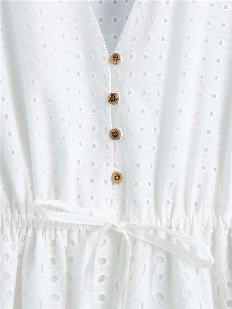 Elegant V-Neck Dress with Embroidered Waist for Women's Temperament